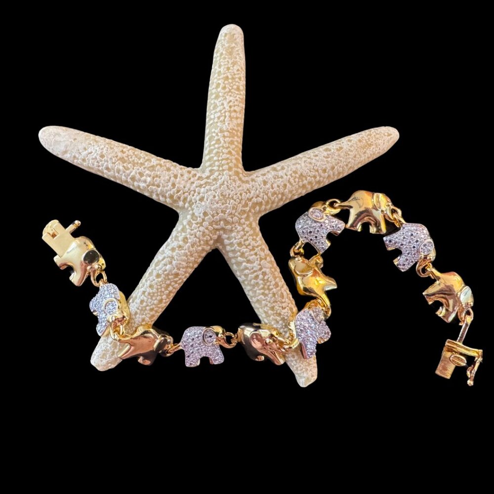 Gold Elephant Tennis Bracelet Signed BR KRN 8" Gold Tone Elephant Link Bracelet - Picture 4 of 8